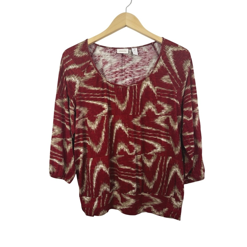 Chico's 100% Rayon Top Womens Large Red Tan Geometric‎ Pullover 3/4 Sleeve